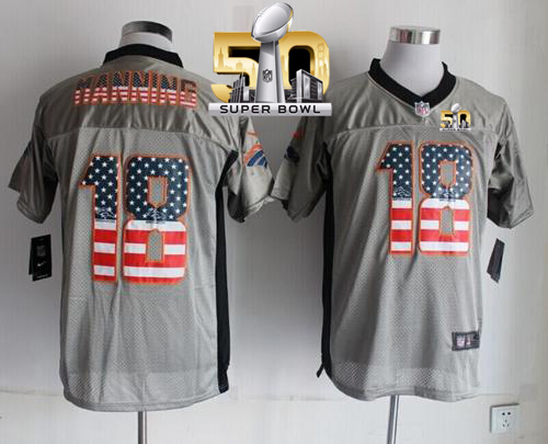 Nike Broncos #18 Peyton Manning Grey Super Bowl 50 Men's Stitched NFL Elite USA Flag Fashion Jersey
